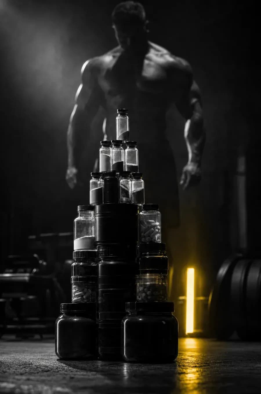 Calculator Stack — turn de flacoane alb-negru, siluetă culturist